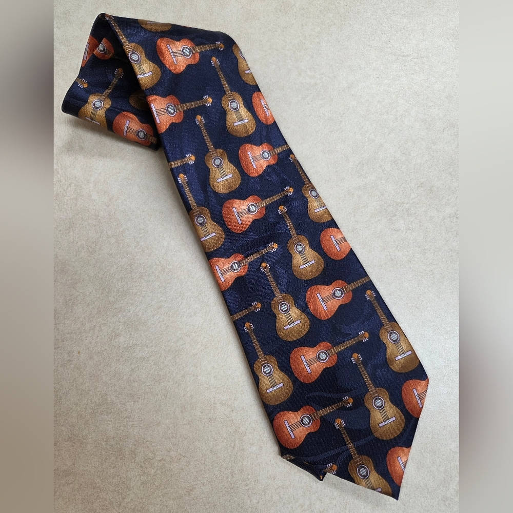 Steve Harris Navy With Multiple Brown & Tan Acoustic Guitars Neck Tie